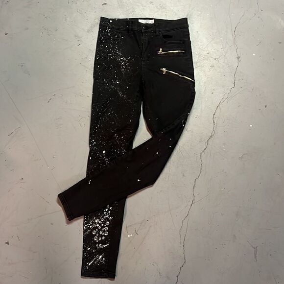 Custom DYNDNM Kate Upcycled Size 27 Black + White Paint Splatter Motto Jeggings - Picture 3 of 8